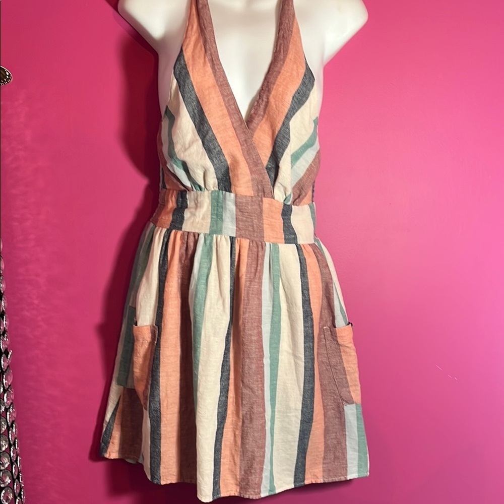 Striped cotton/linen halter mini